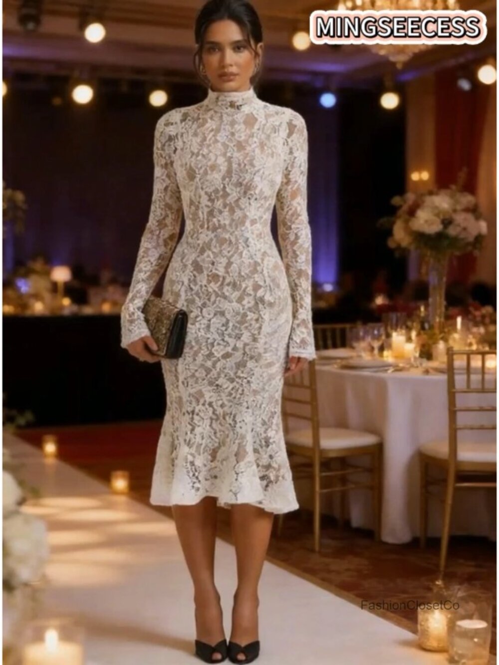 Floral Lace Mock Neck Long Sleeve Midi Dress Back Zipper Bodycon - Picture 6 of 6